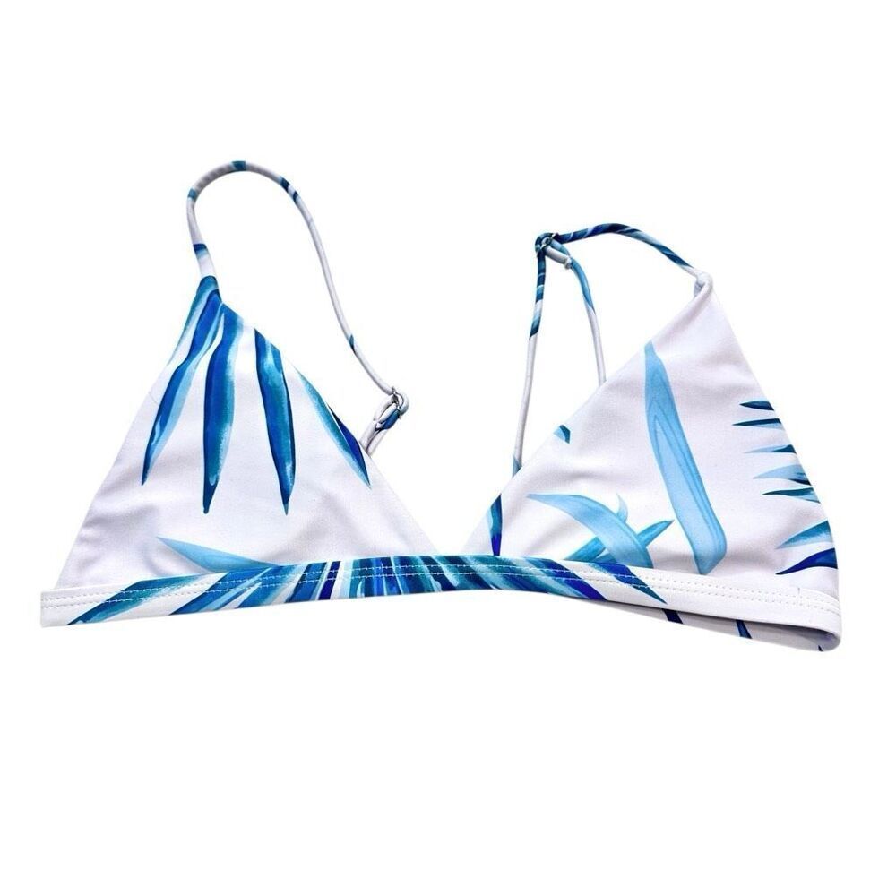 Vaya Island Vues Palomino Tropical Leaf Triangle White & Blue Swim Bikini Top XS